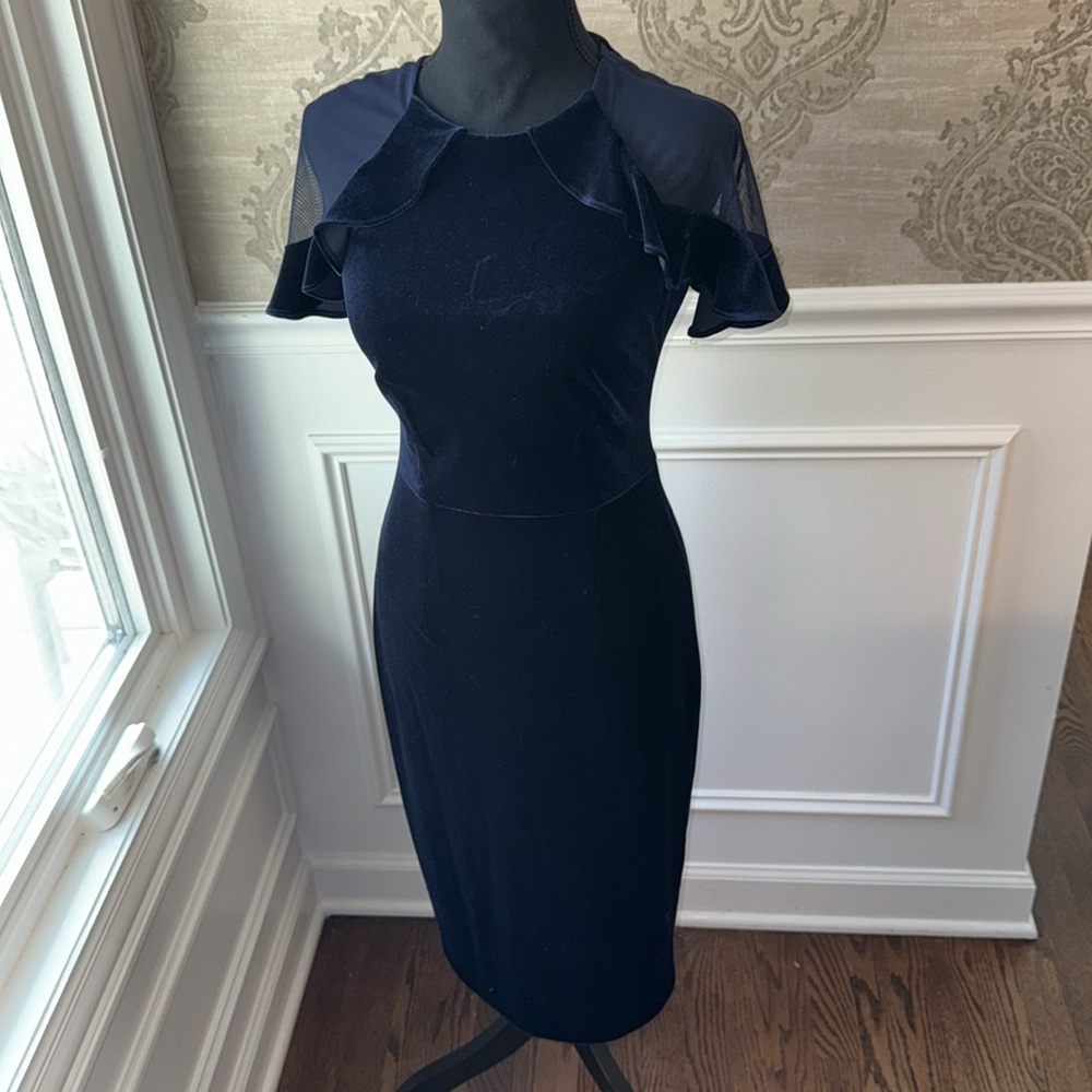 Eliza J Sheer Ruffle Shoulder Cocktail Dress W SZ 0 Navy Blue Velvet Back Zip